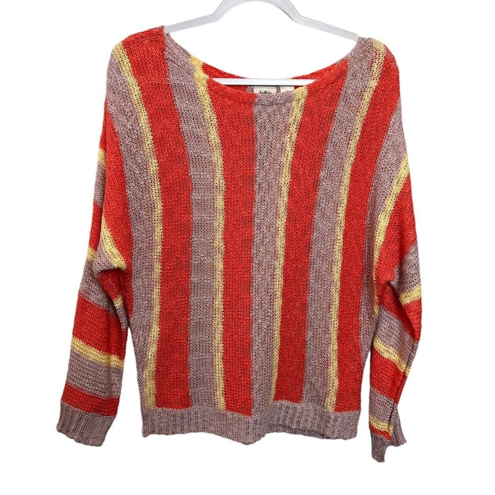 Daytrip Sweater  Orange Lavender Yellow Vertical Striped Thin Knit Acrylic Sz M